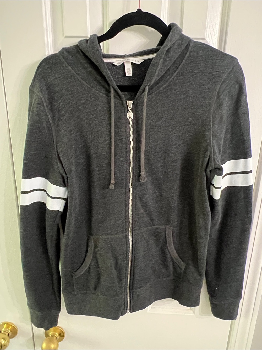 Victoria's Secret Men’s Charcoal Zip Hoodie with White Sleeve Stripes